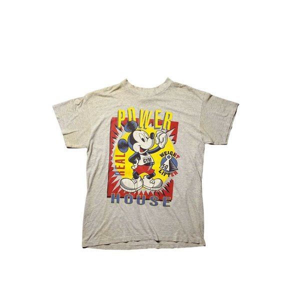 Mickey's Gym 1990s (L) Tee Grey Worn USA Disney Mickey Mouse Vintage - Picture 1 of 5